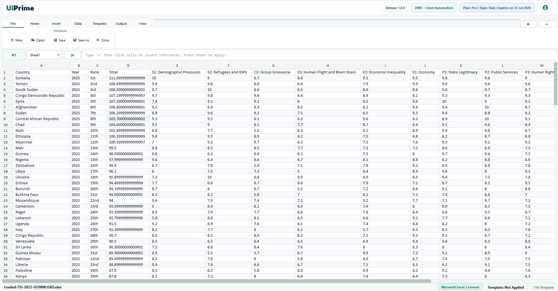 UiPrime Excel Automation workspace