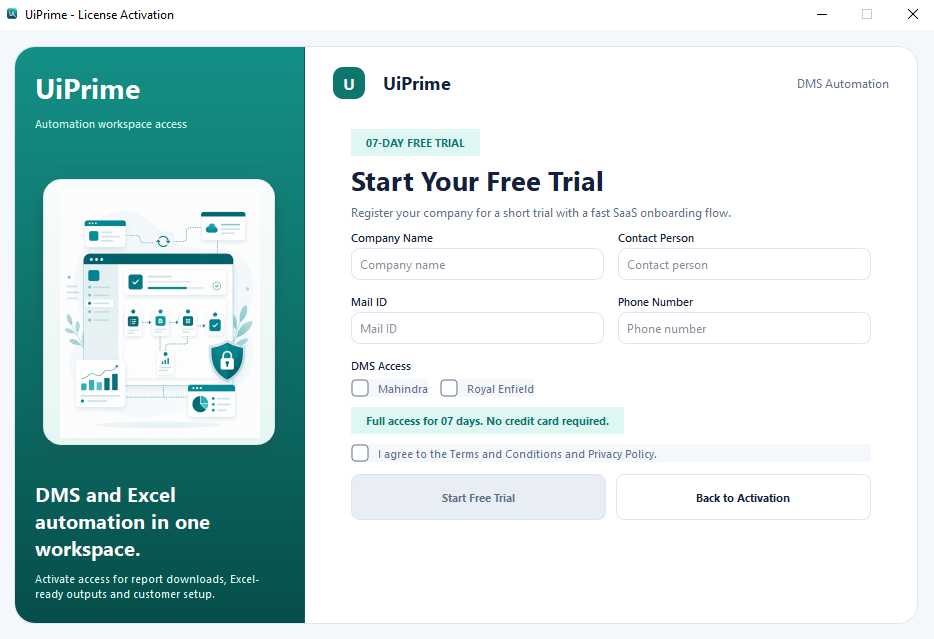 UiPrime trial generation screen
